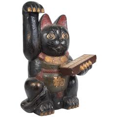 Japanese Big Antique Hand-Painted Wooden 19th Century Fortune Money Cat Signed