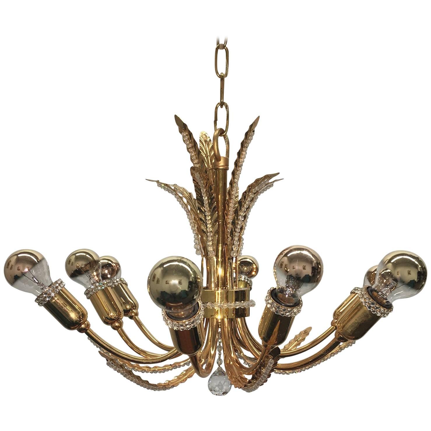 Petite Palwa Gold Plate Leaf and Crystal Chandelier For Sale