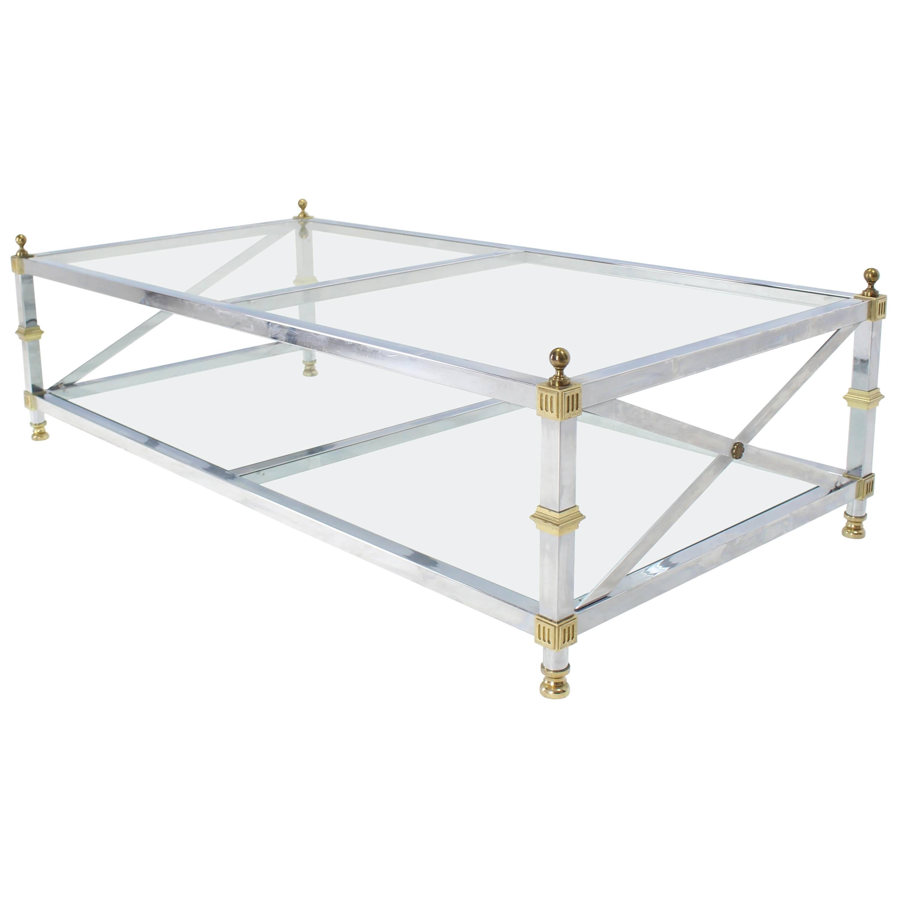 Chrome Brass Glass Two-Tier Coffee Table with X-Stretchers For Sale