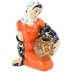 Retro Girl Sitting with Basket Italian Porcelain Figurine