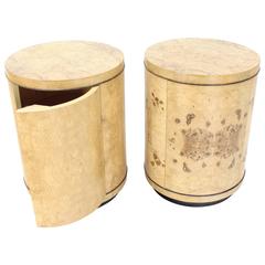 Vintage Pair of Cylinder Drum Shape End Tables Nightstands Burl Wood