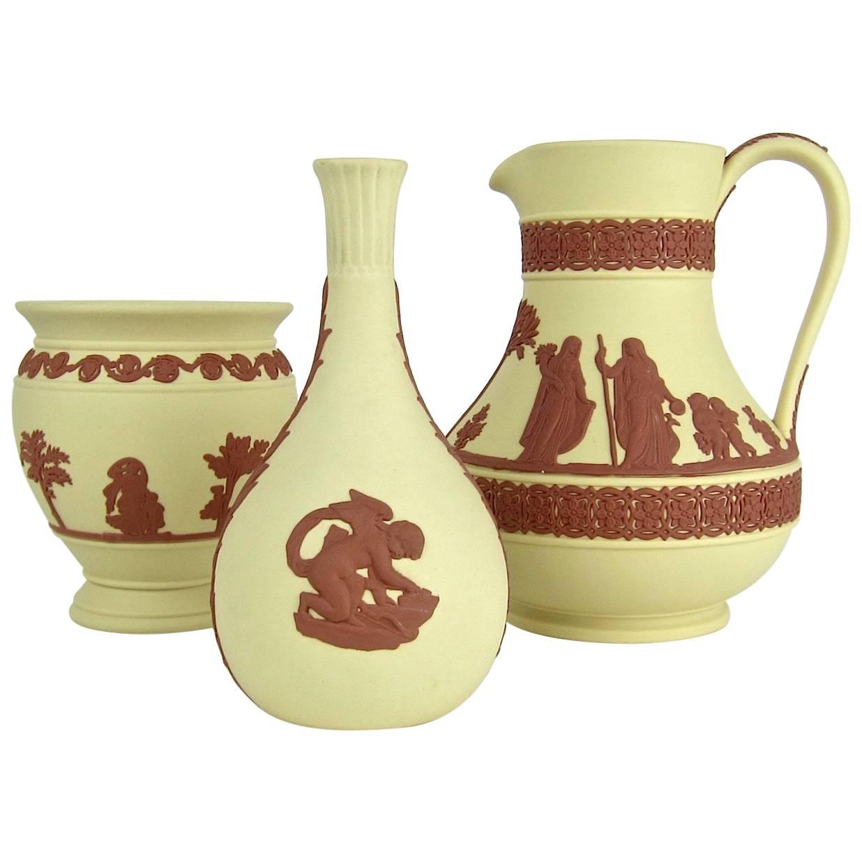 Vintage Wedgwood Jasper Ware Etruscan Jug, Bud and Potpourri Vase Collection
