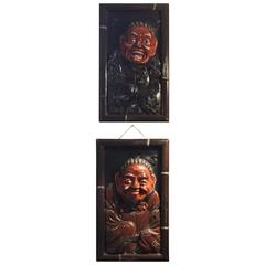 Pair of Oriental Carved Lacquered Wooden Wall Plaques