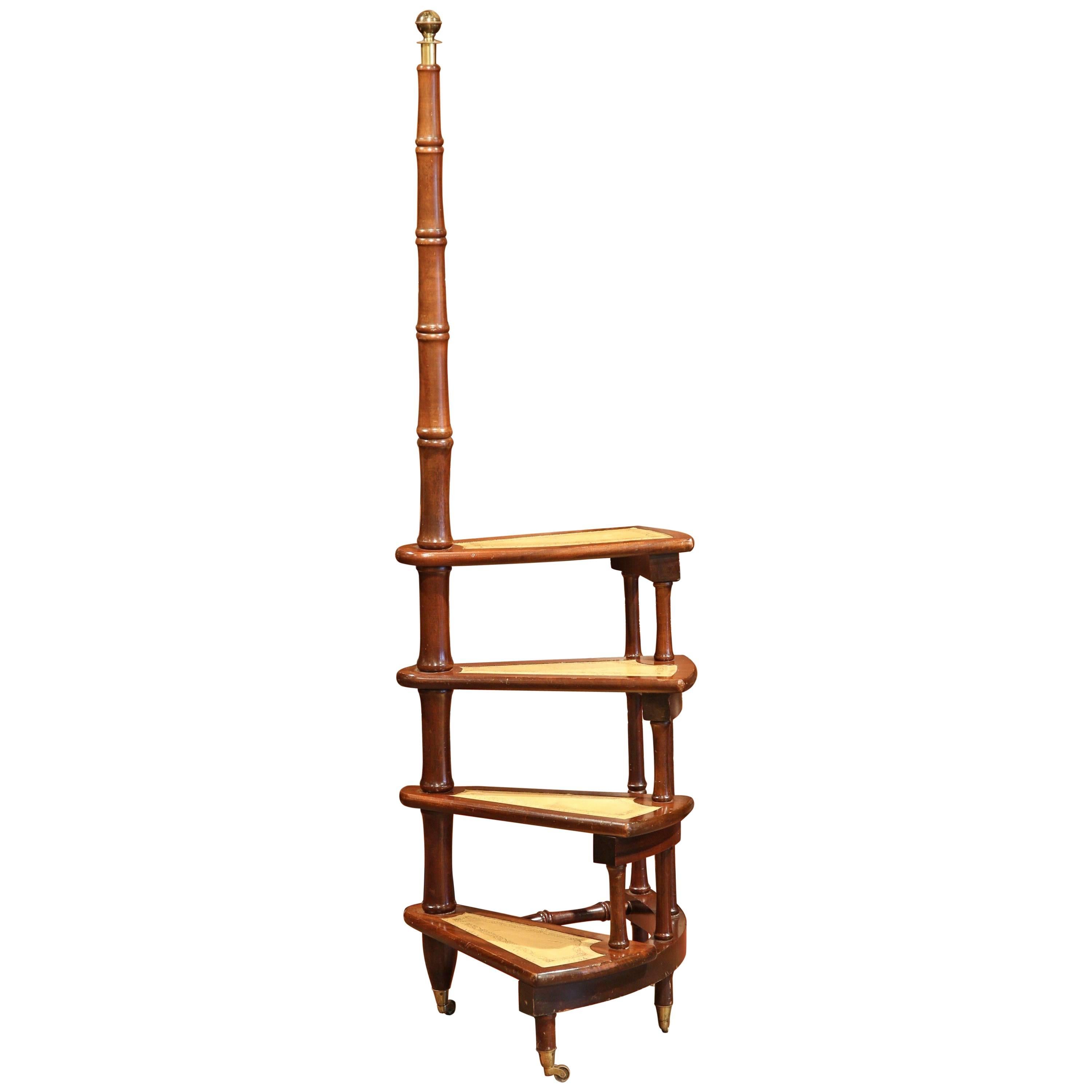 Mid-20th Century, English Library Spiral Step Ladder with Four Leather Stairs