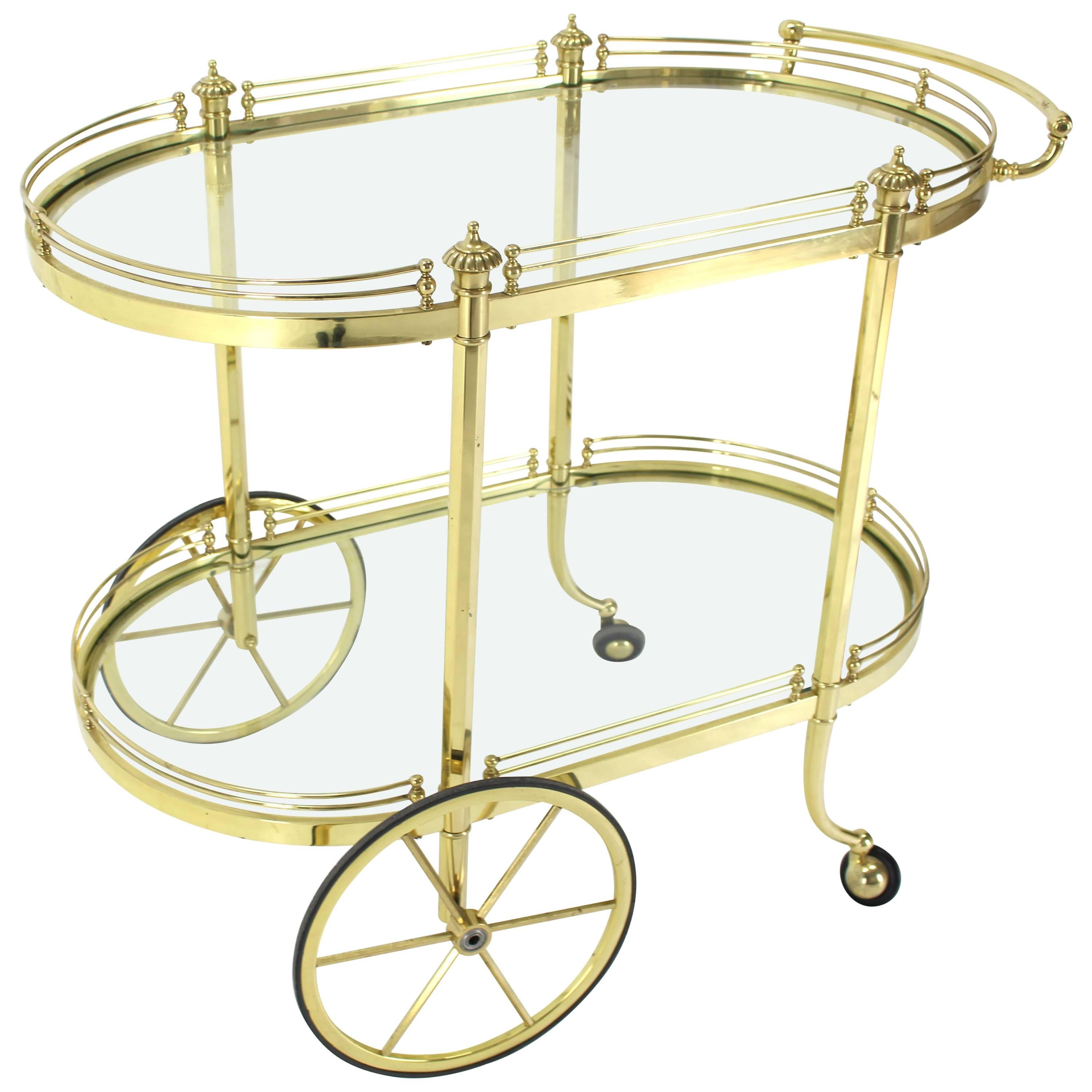 Two-Tier Polished Brass Glass Rolling Serving Bar Cart For Sale