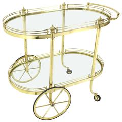 Two-Tier Polished Brass Glass Rolling Serving Bar Cart