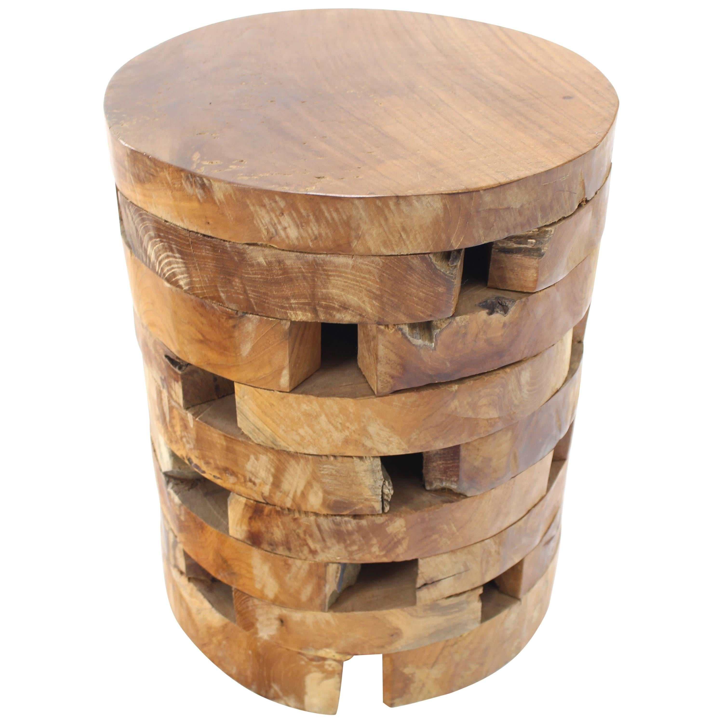 Stacked Teak Wood Block Round Pedestal Stool Bench