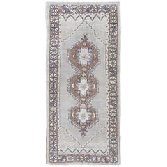 Vintage Turkish Oushak Rug with Multi-Layered Diamonds in Taupe, Gray, and Blue 2
