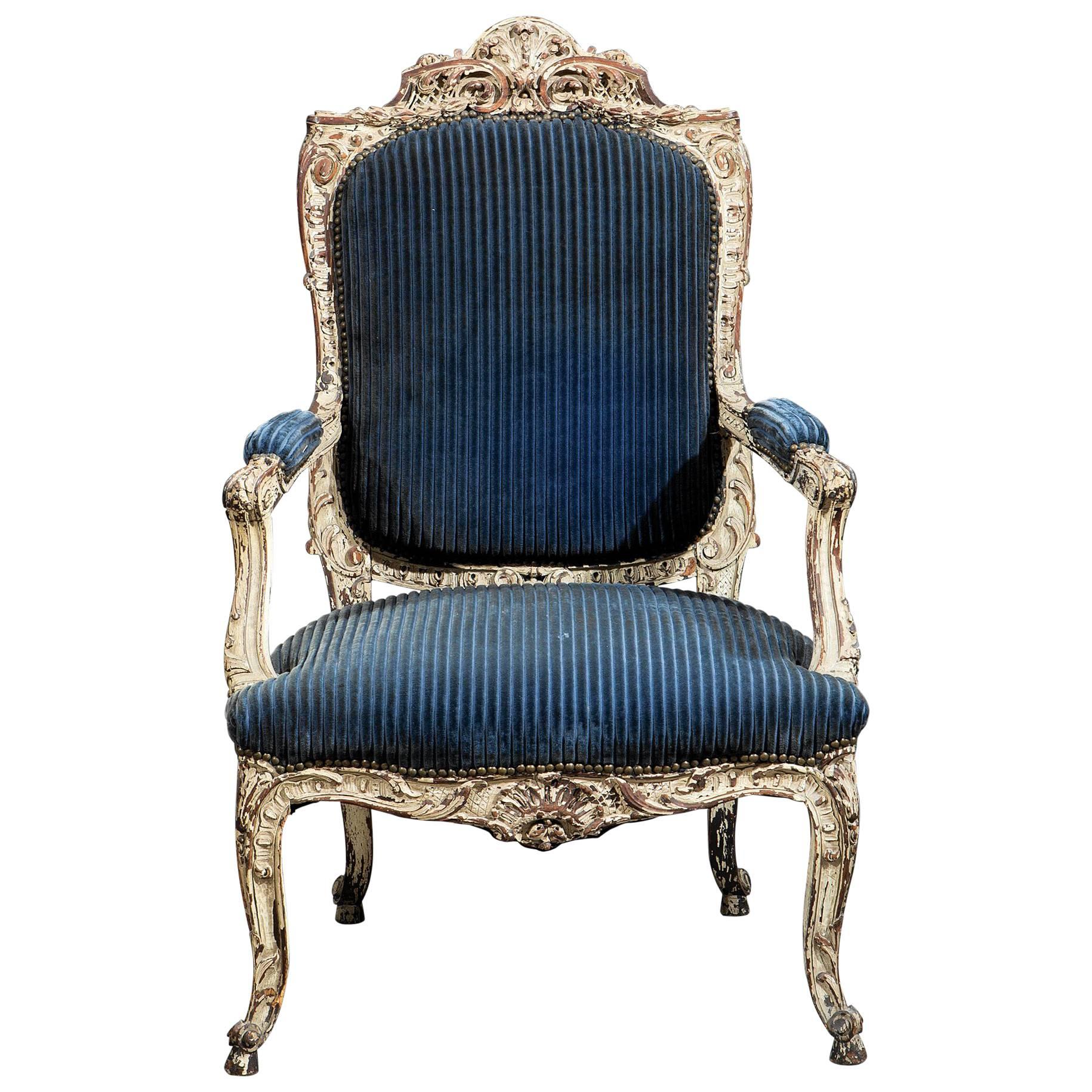 19th Century Regency Style Carved and Painted Fauteuil