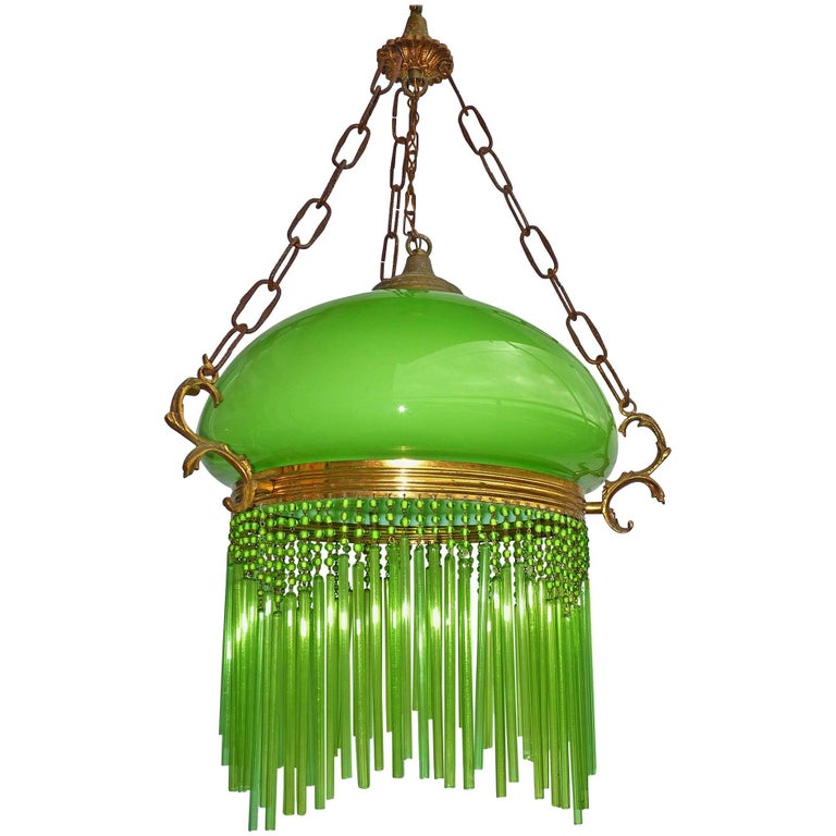 Art Nouveau/Art Deco Chandelier/Pendant Light with Opaline Green Glass