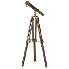 French Mid-Century Brass Telescope on Mahogany Tripod Base Adjustable Height