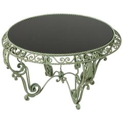 Mid-Century French Hand Forged Iron Coffee Table Garden Table Black Glass Top