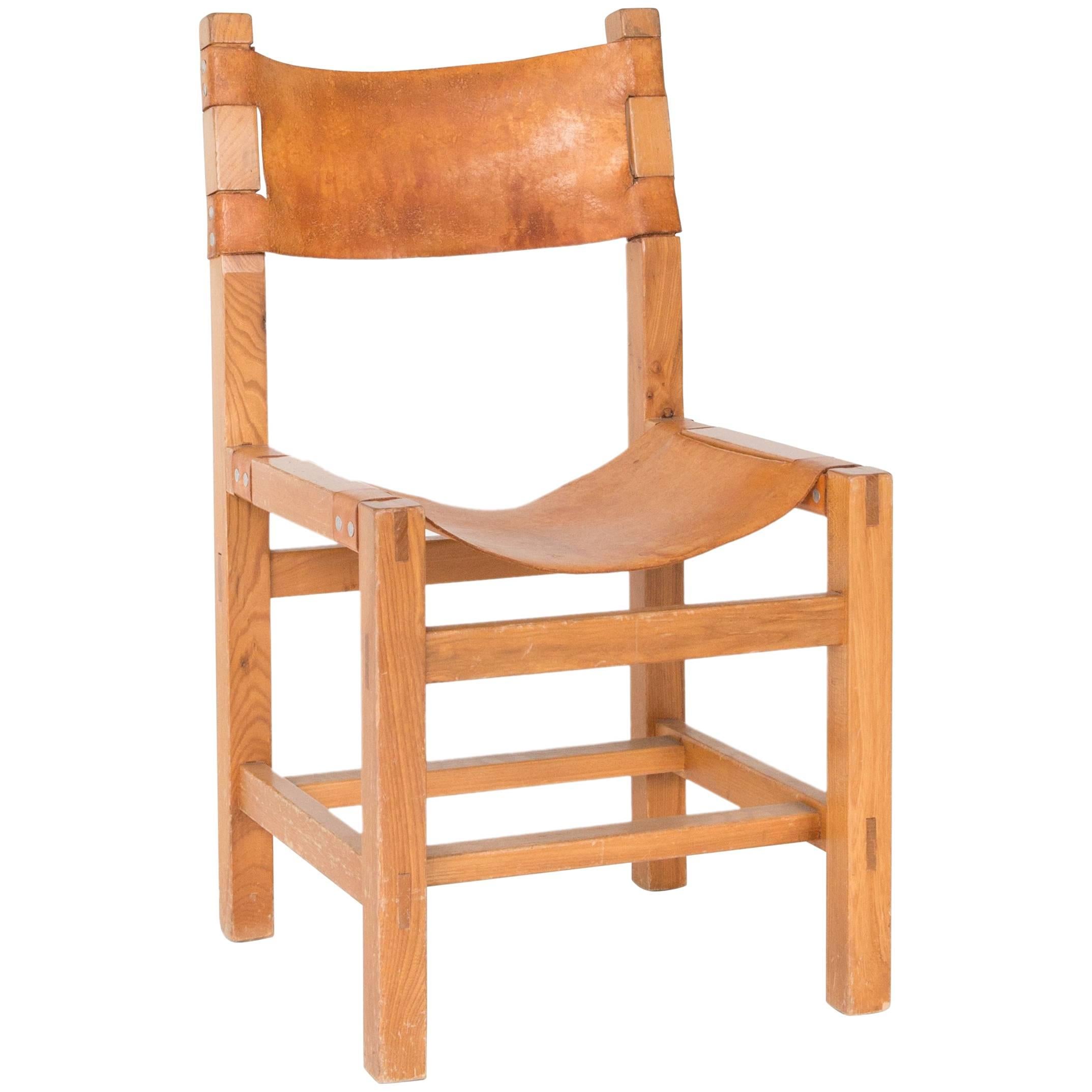 Leather and Oak Side Chair in the Style of Pierre Chapo