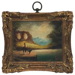Miniature Oil Painting of Man with Dog in Gilt Frame