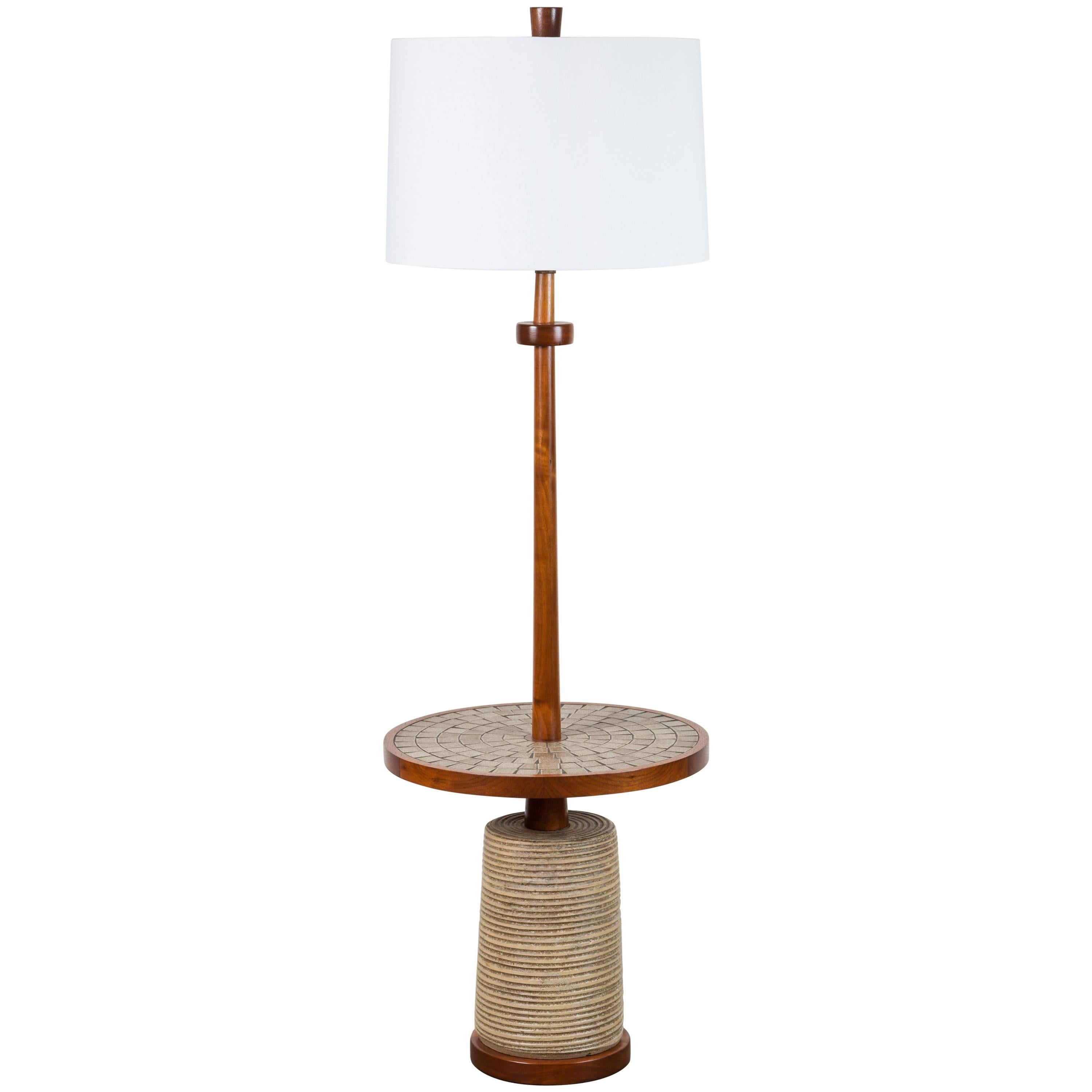 Rare Walnut Floor Lamp with Integrated Mosaic Table by Jane and Gordon Martz