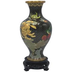 1950s Black Cloisonńe Vase with Floral and Bird Motif
