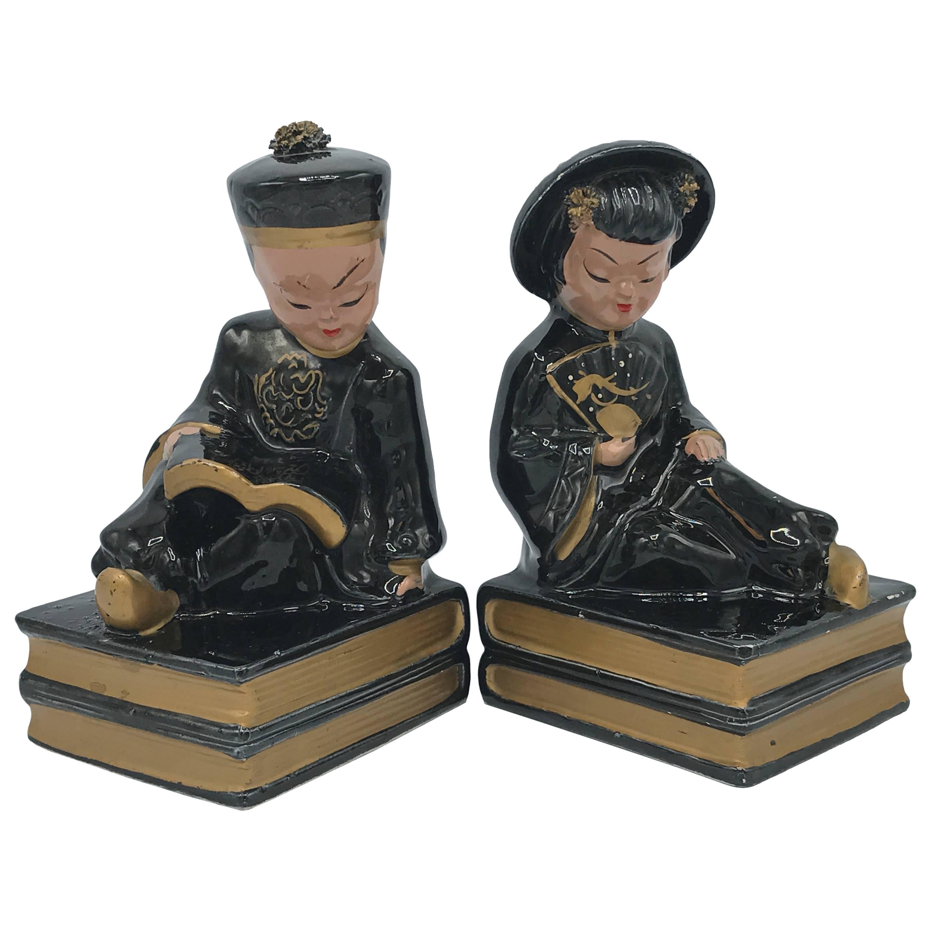 1960s Black and Gold Asian Figure Bookends, Pair