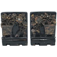 Pair of, 1920s Carved Soapstone Bookends with Floral Motif 2