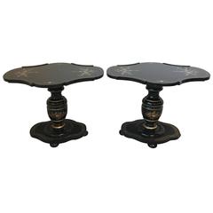 1930s Japanned Lacquered Pedestal Side Tables with Mother-of-Pearl Inlay, Pair 10