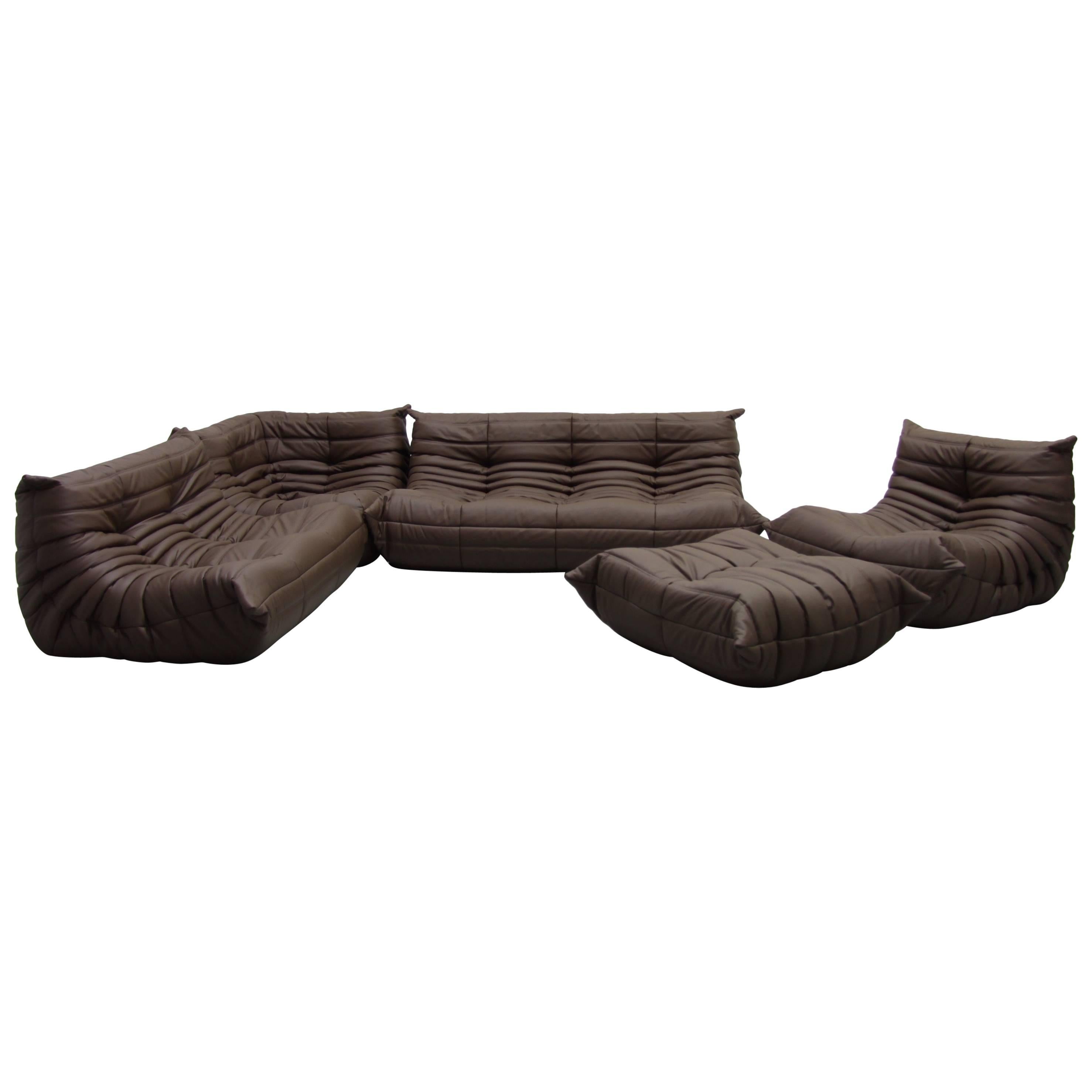 Mid-Century Brown Leather Togo Living Room Set by Michel Ducaroy for Ligne Roset