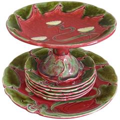 Art Nouveau Majolica Glazed Tableware Set with Lotus Flower Pattern in Relief 7