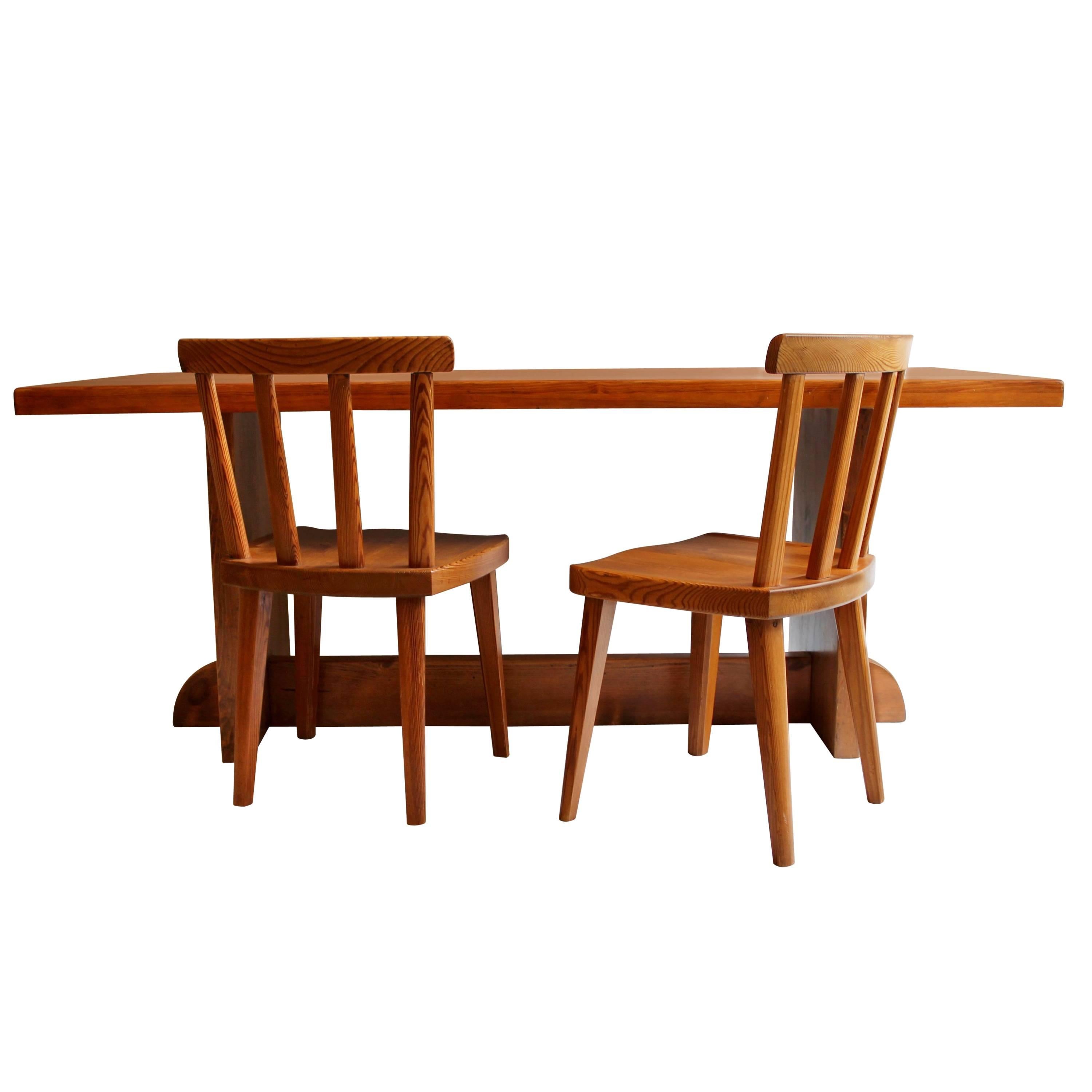 Pine Dining Table with Six Matching Chairs by Axel Einar Hjorth