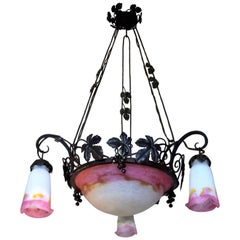 Charming Art Nouveau Chandelier Signed by Muller Frères Luneville, France 1900s