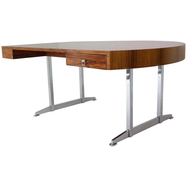 Half Round MidCentury President Desk in Rosewood and Chrome Base at
