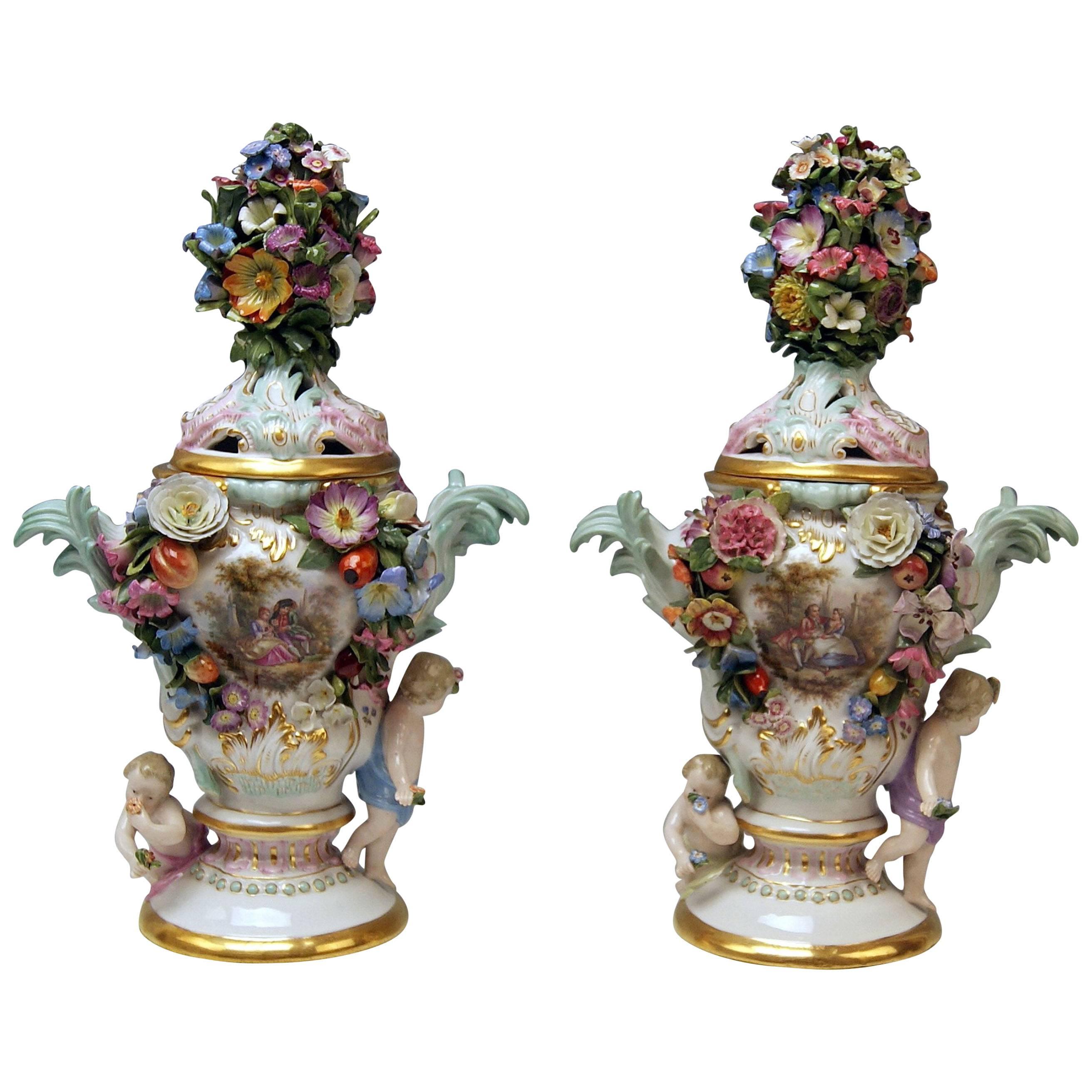 Meissen Pair of Kaendler Potpourri Lidded Vases Decorations, circa 1850