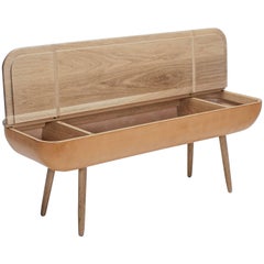 Banc coracle avec rangement, chêne blanc et cuir brun clair écologique