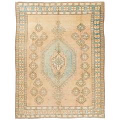 Vintage Faded Rose Pink and Aque Blue Color Anatolian Rug