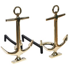 Pair of Vintage Brass Anchor Andirons, Mid-20th Century