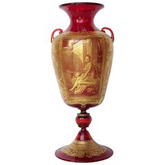 Fine Bohemian Ruby Glass Vase with Gold "Suzanne au Bain" Signed 6