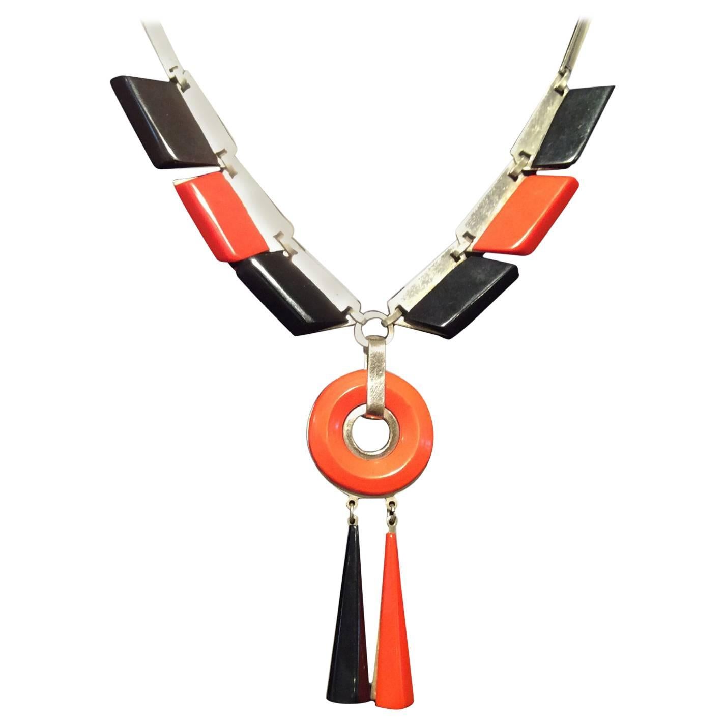 Original Art Deco Galalith and Chrome Necklace Attributed to Jakob Bengel