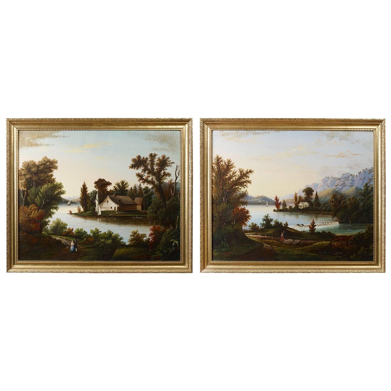 P. Hansen, American School Pair of Landscape Paintings, circa 1850 For Sale