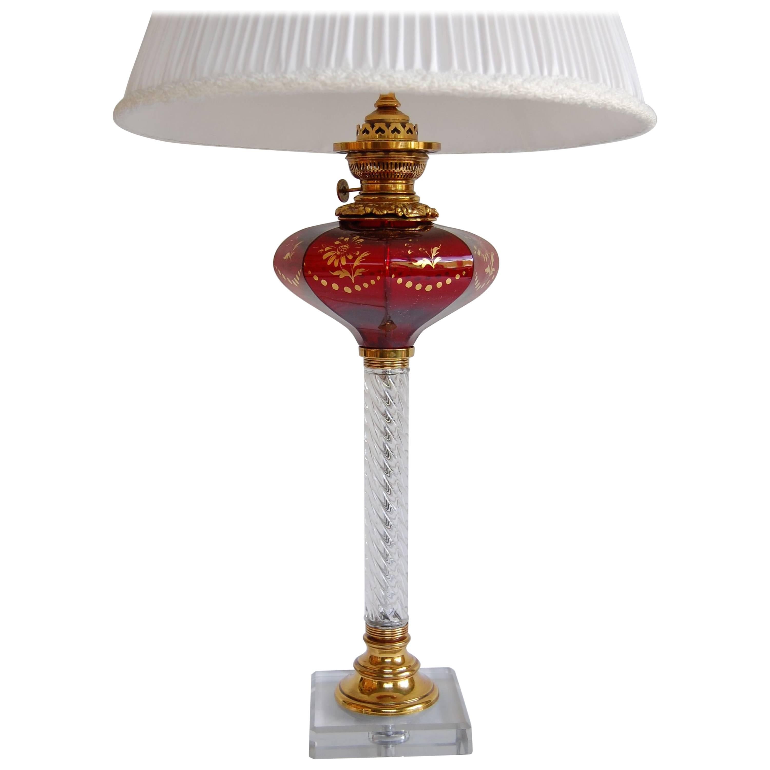 Mid 19th Century Ruby Glass Font Oil Lamp w/ Clear Twisted Glass Column C. 1865 For Sale