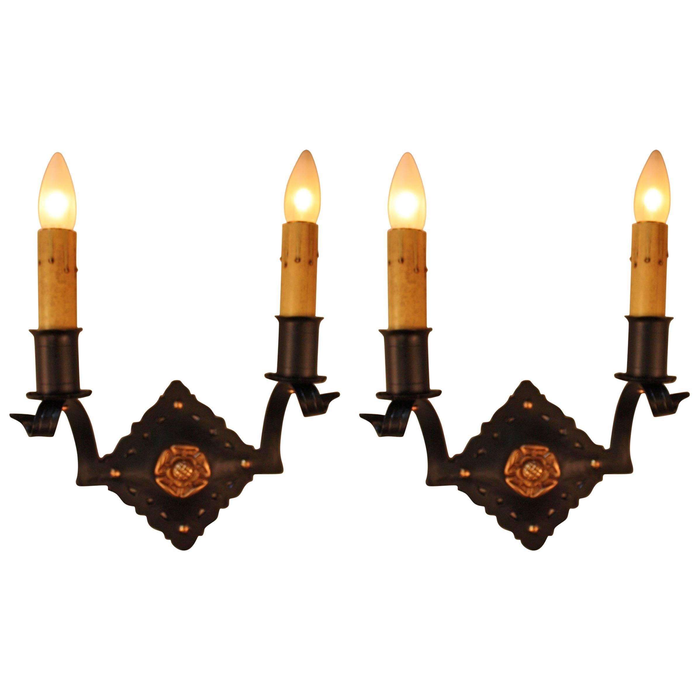 Pair of Handcrafted Bronze Wall Sconces
