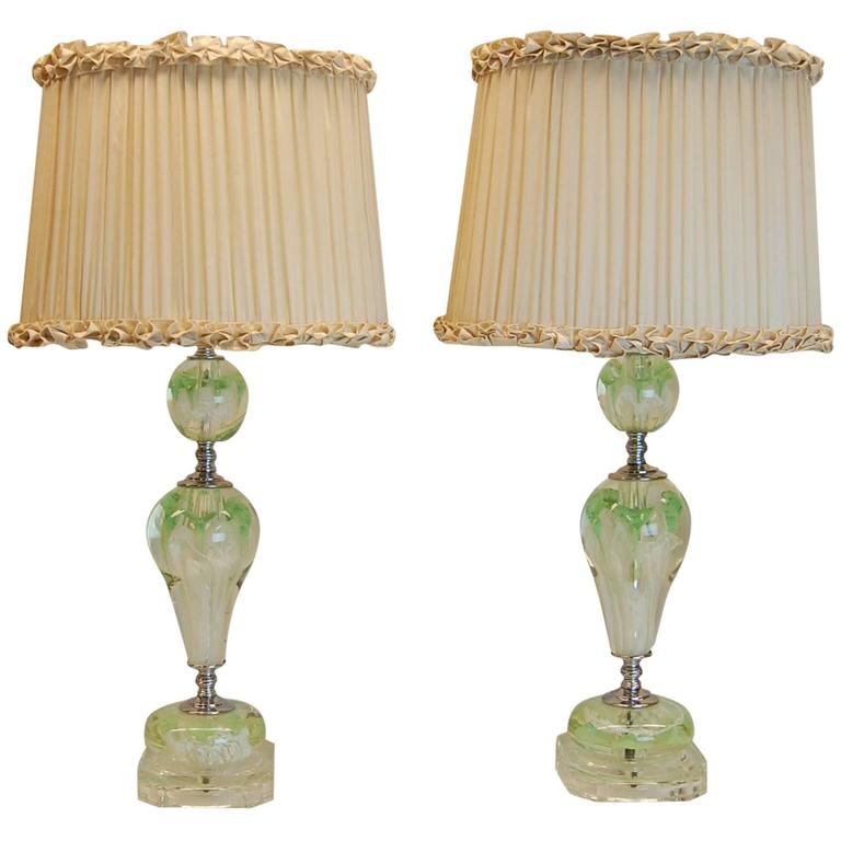 Pair of Art Deco Lamps with Art Glass Floral Balls and Custom Silk Lampshades For Sale at 1stdibs