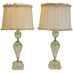 Pair of Art Deco Lamps with Art Glass Floral Balls and Custom Silk Lampshades 12