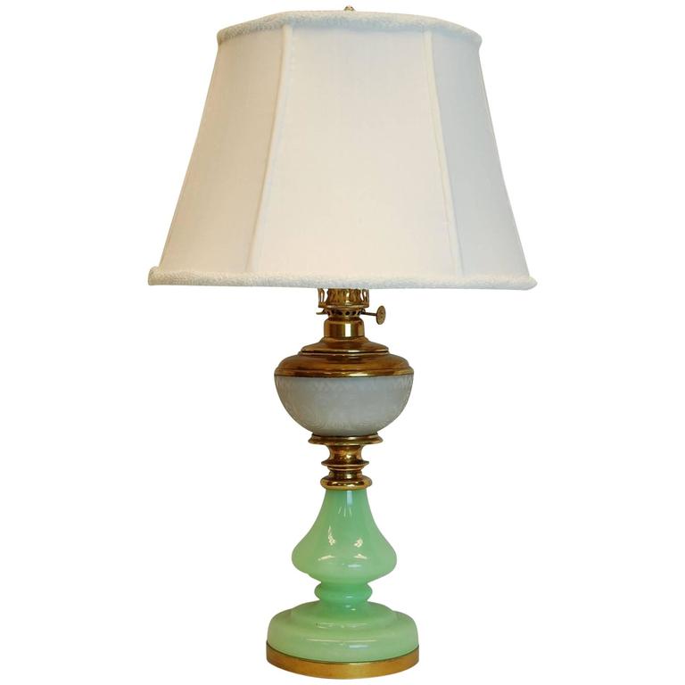 19th Century Victorian Era Oil Lamp With Mint Green Glass Base And 19th Century Victorian Era Oil Lamp With Mint Green Glass Base Cut Font For