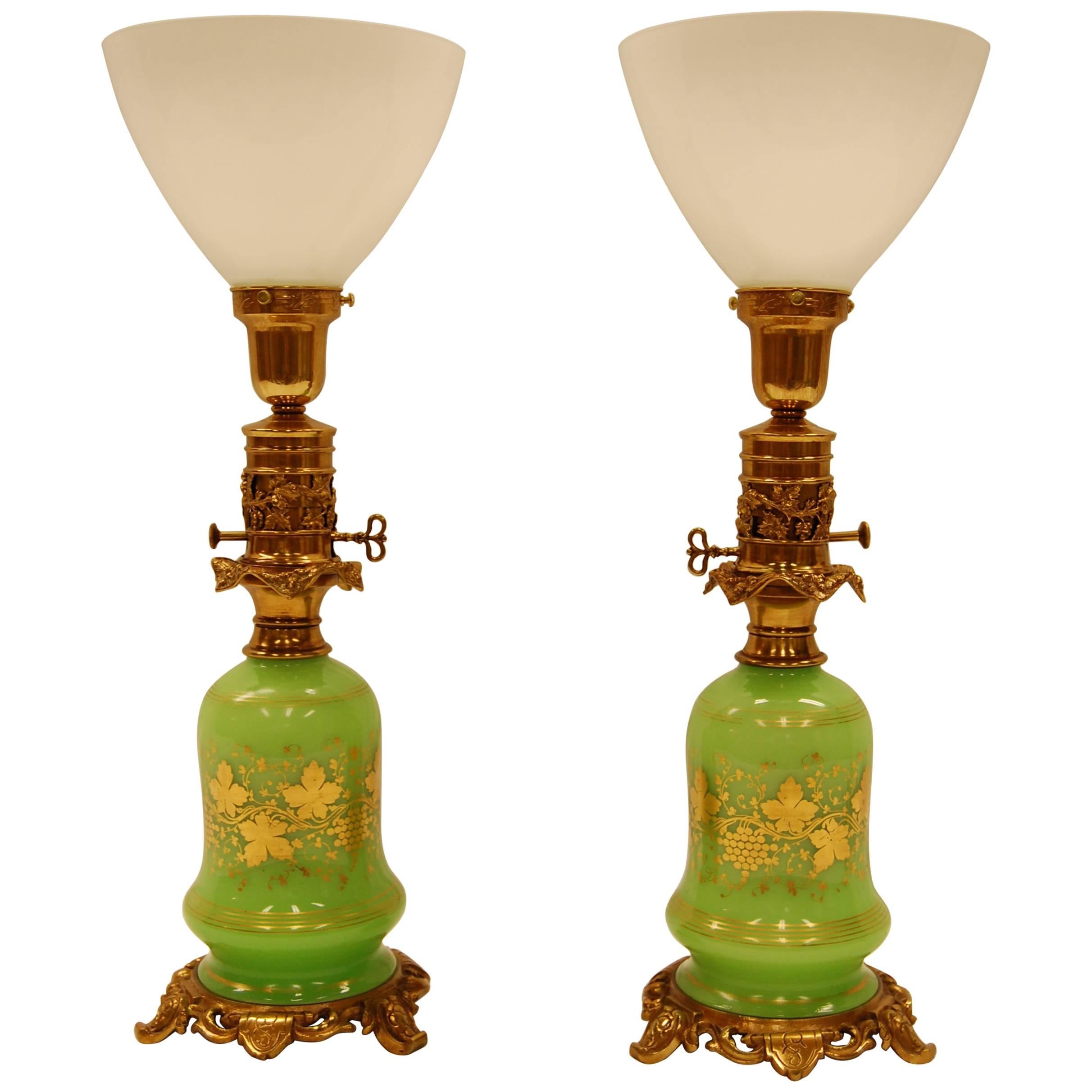 Pair of Green Opaline Gold Leaf Decorated French Oil Lamps, circa 1860
