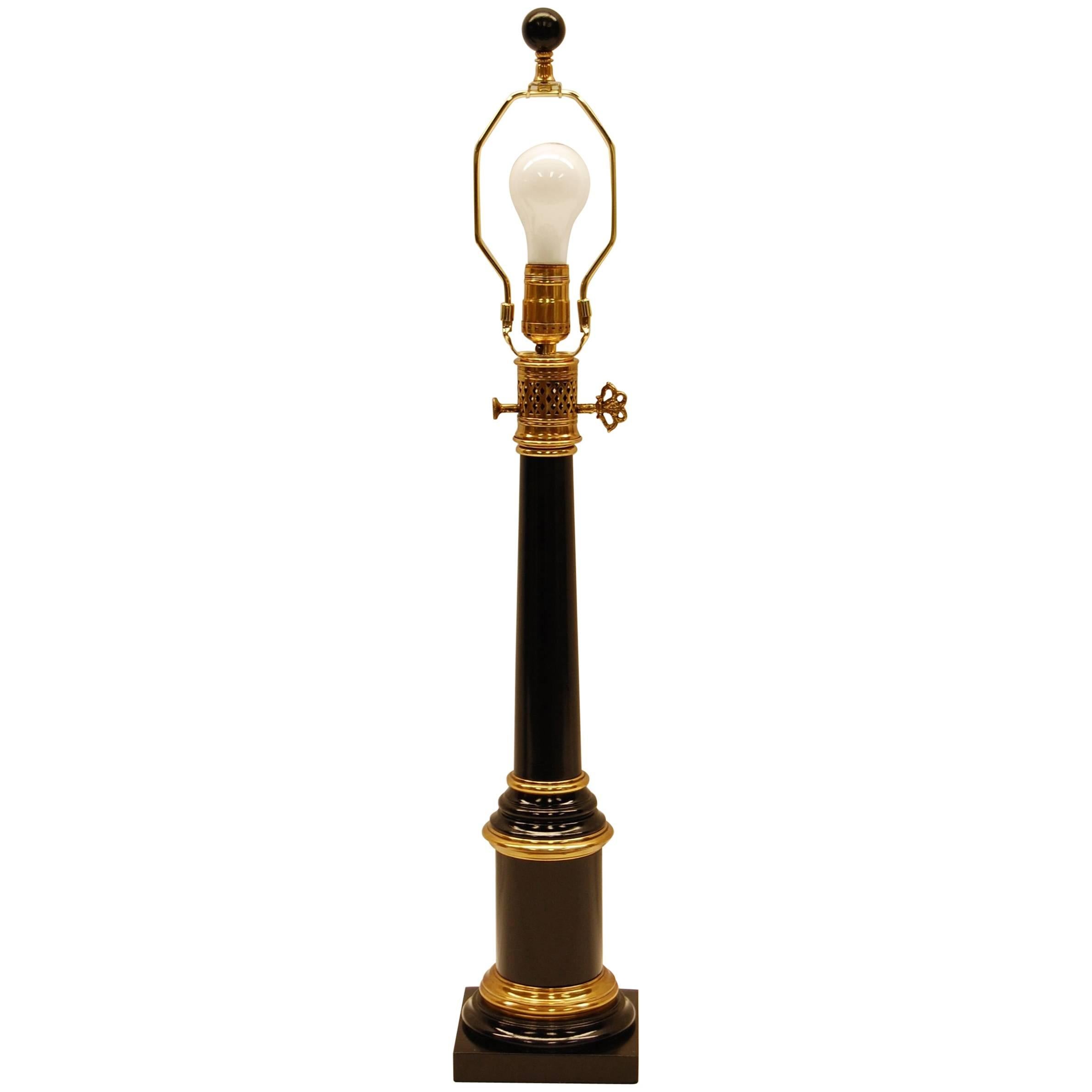 Empire Style Oil Lamp in Black Lacquer and Polished Brass Mounts