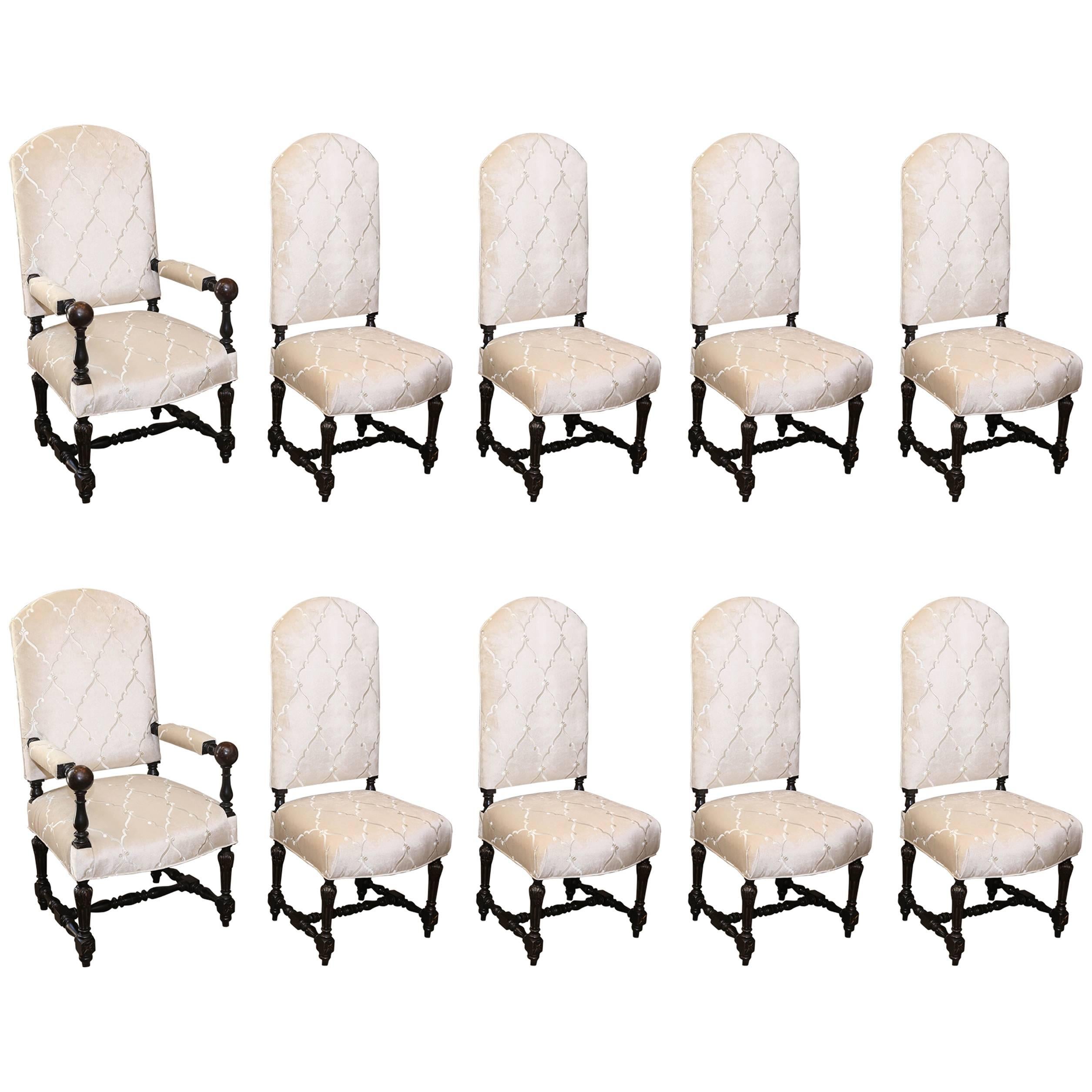 Set of Ten Antique French Dining Chairs with High Backs and New Upholstry