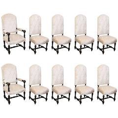 Set of Ten Antique French Dining Chairs with High Backs and New Upholstry