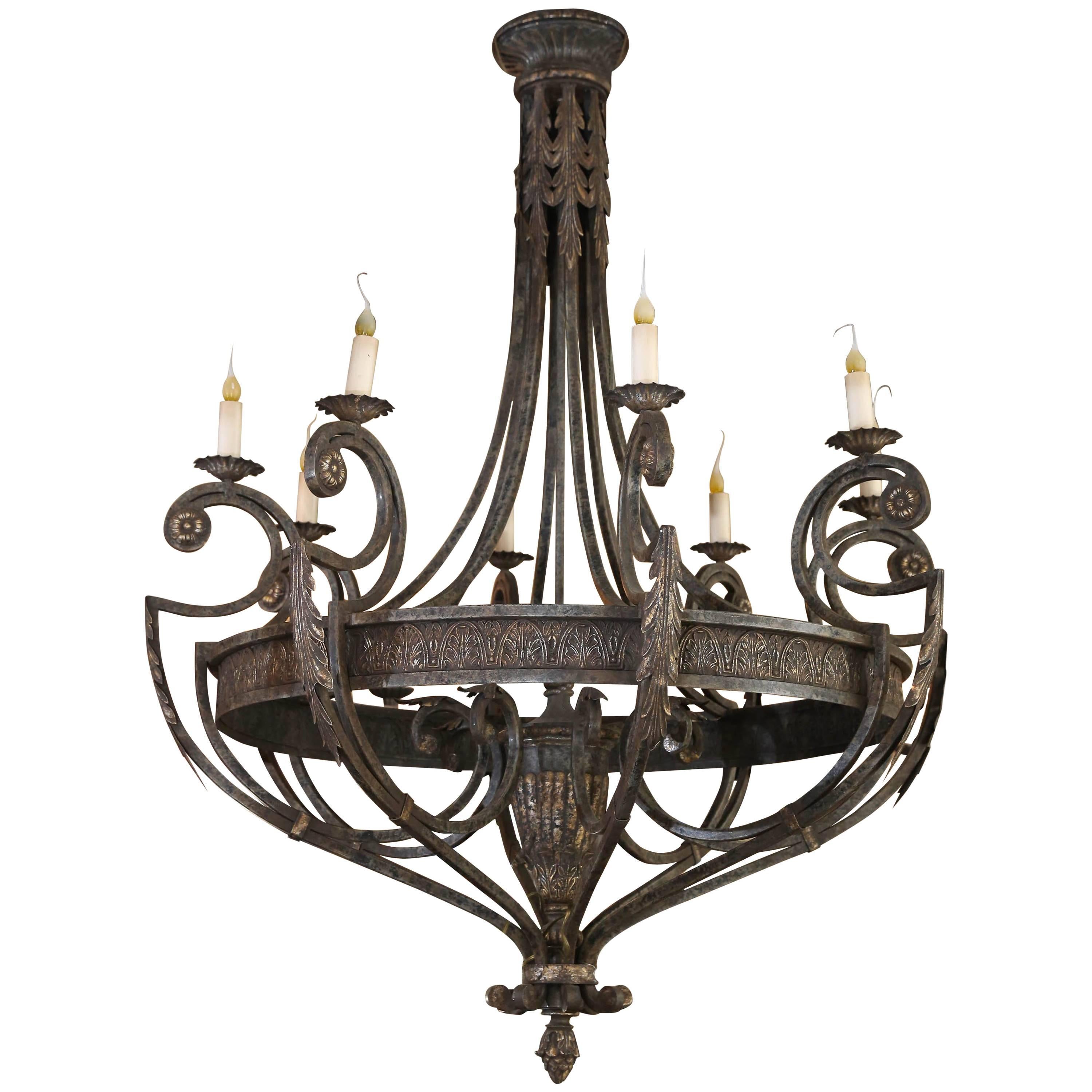  Pair ofLarge  Iron Chandeliers  accented with pale gilt highlights 