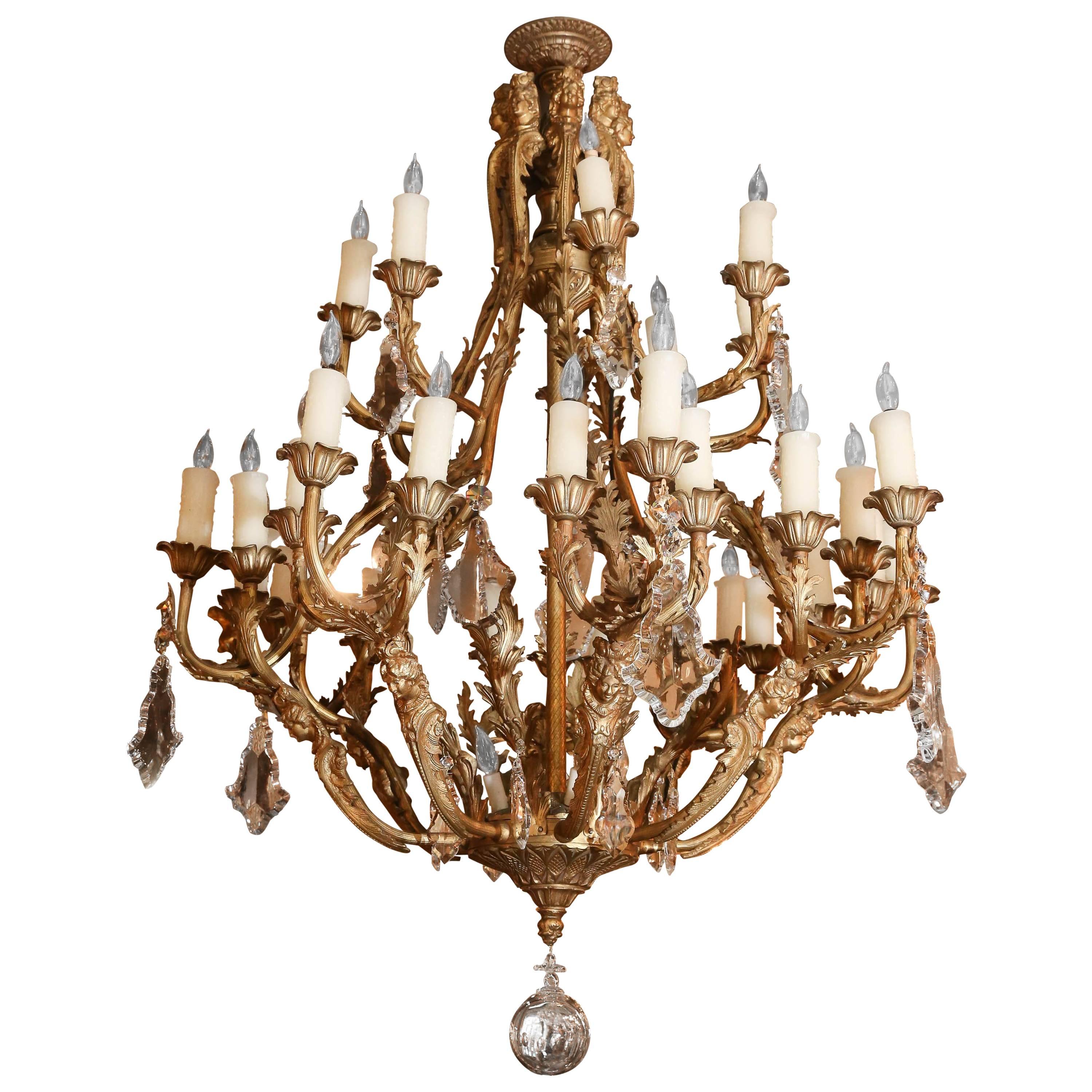 Large European Bronze Dore and Crystal Chandelier with 37 Lights