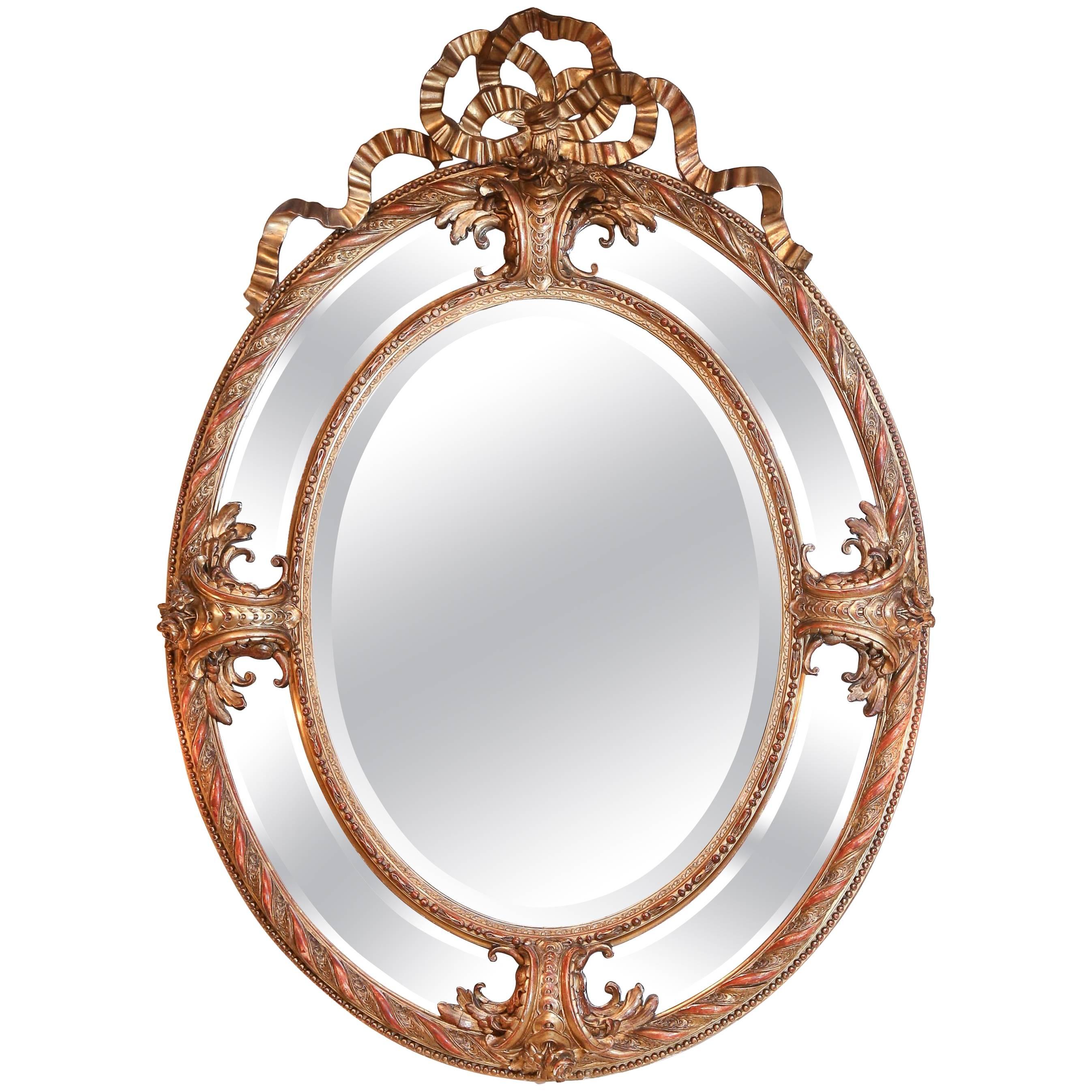 Large French Oval Cushion Mirror in Giltwood, 19th Century With Beveled Mirrors