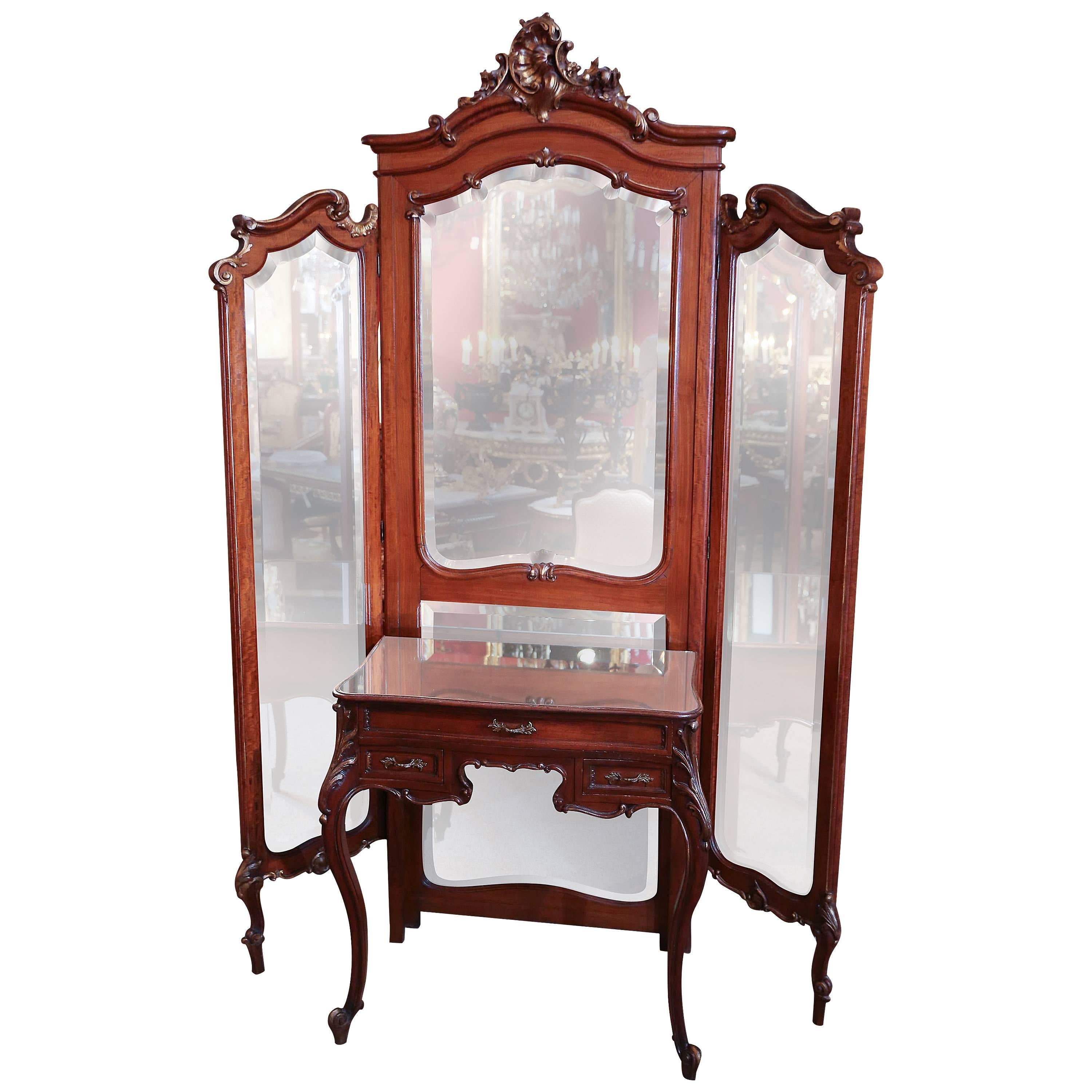 French Louis XV Tri-Fold Dressing Mirror with Separate Mirror Top Vanity Table