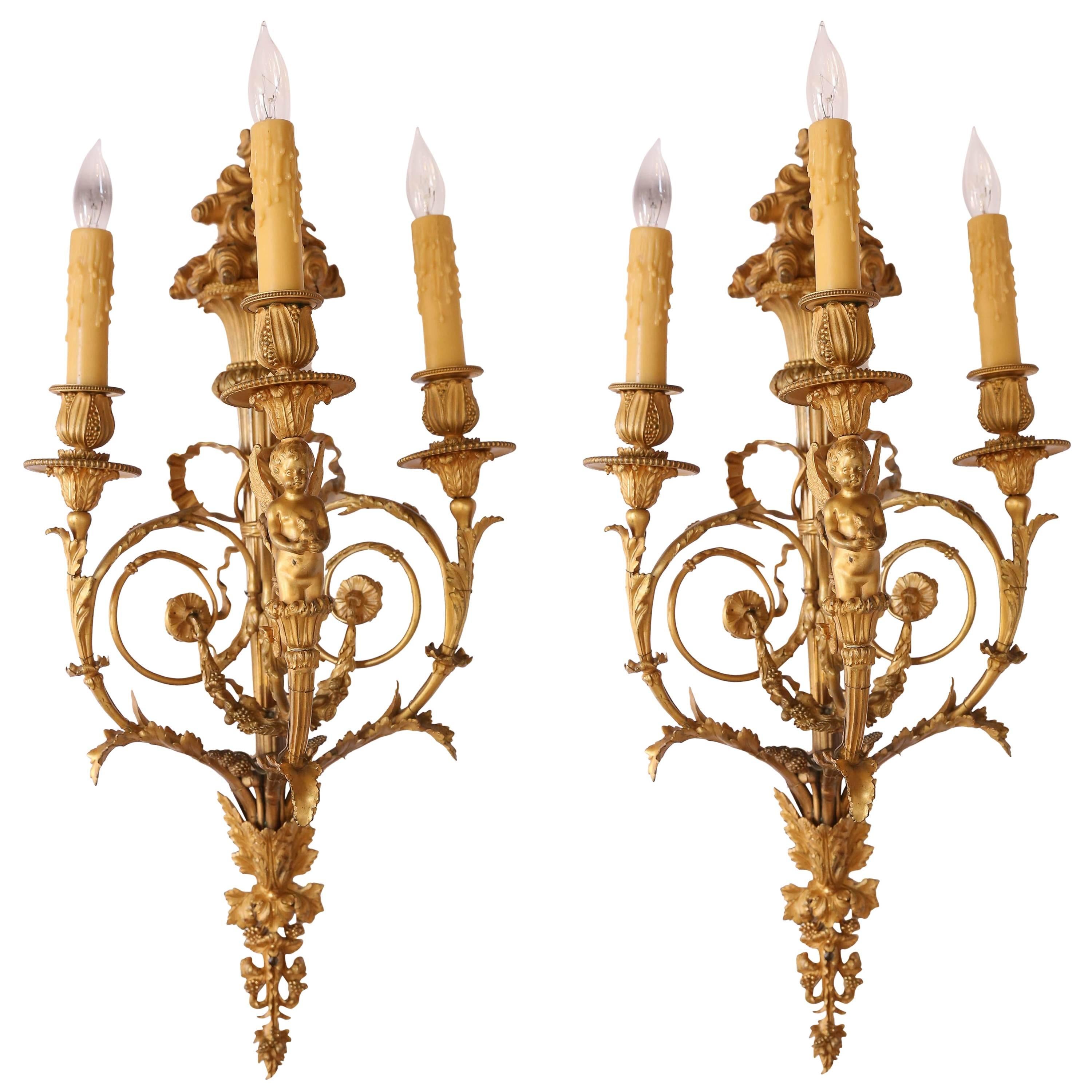 Pair of 19th Century French Neoclassic Gilt Bronze Sconces, Three Lights, Wired