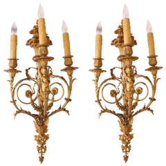 Pair of 19th Century French Neoclassic Gilt Bronze Sconces, Three Lights, Wired 10